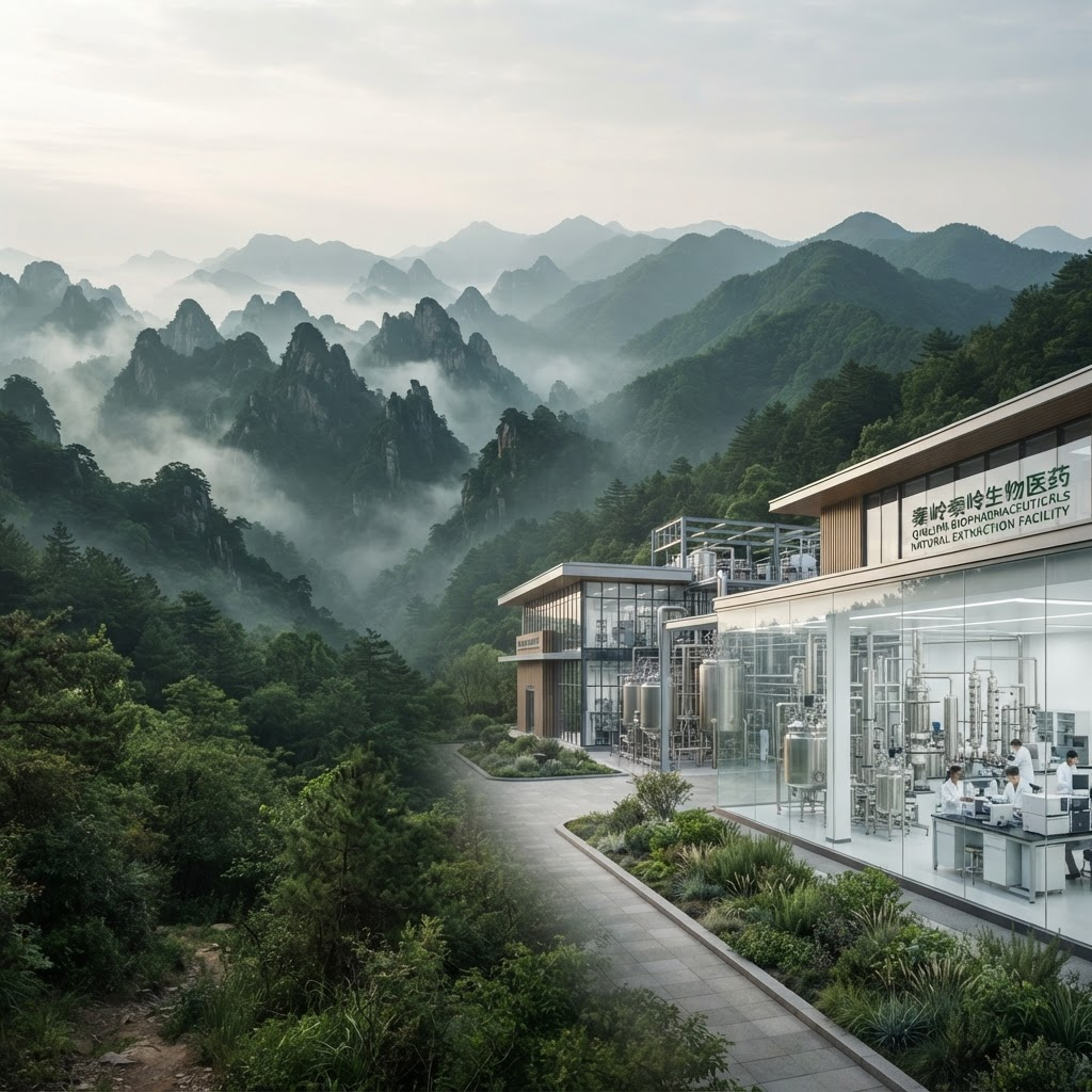 Qinling mountains transitioning into a modern plant extraction facility